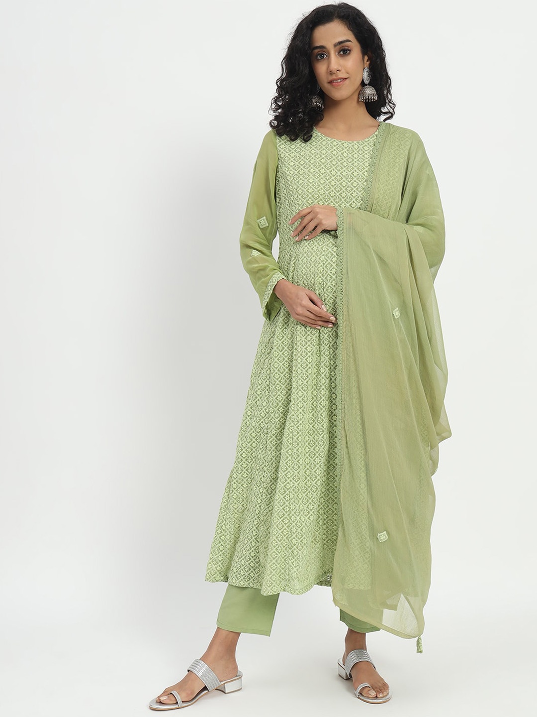

mumzhug Ethnic Motifs Embroidered Regular Thread Work Kurta with Trousers & Dupatta, Olive