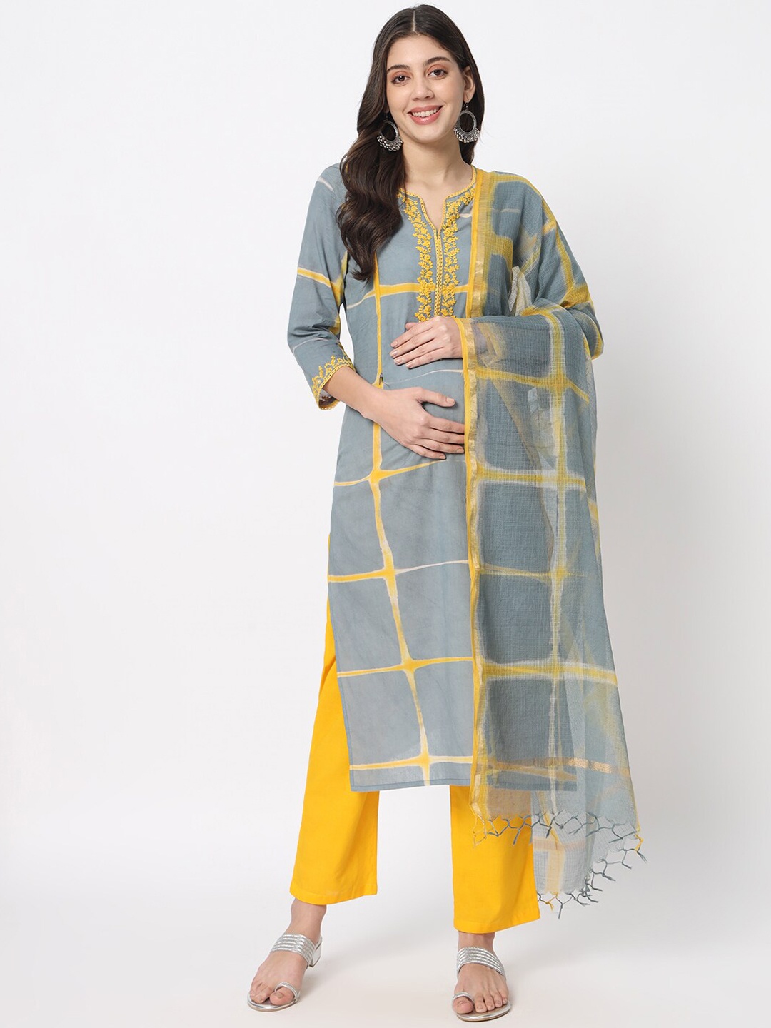 

mumzhug Ethnic Motifs Embroidered Straight Pure Cotton Kurta With Trousers & Dupatta, Grey melange