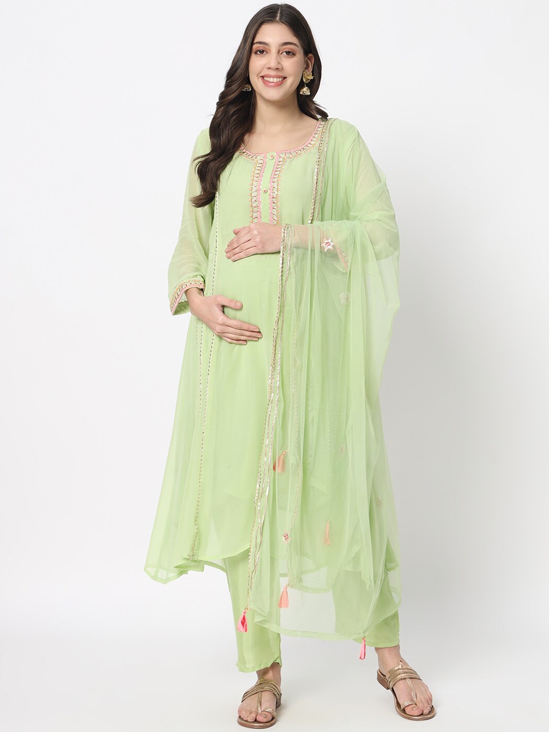 

mumzhug Embroidered Flared Gotta Patti Kurta With Palazzos & Dupatta, Green