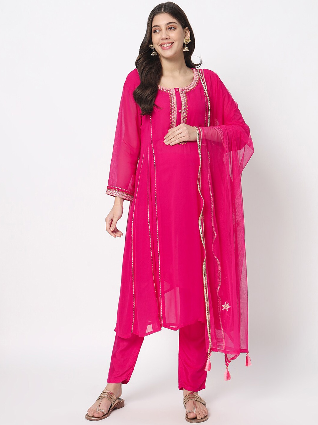 

mumzhug Floral Embroidered Round Neck Maternity Kurta with Trousers & Dupatta, Fuchsia
