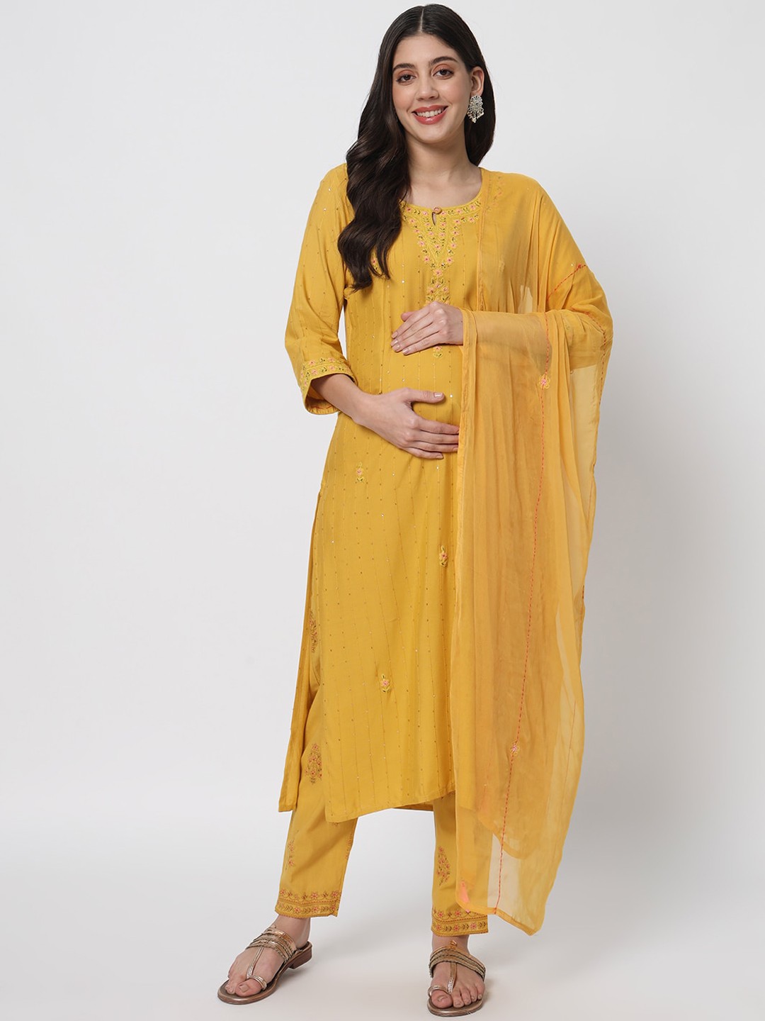 

mumzhug Floral Embroidered Round Neck Maternity Kurta with Trousers & Dupatta, Yellow