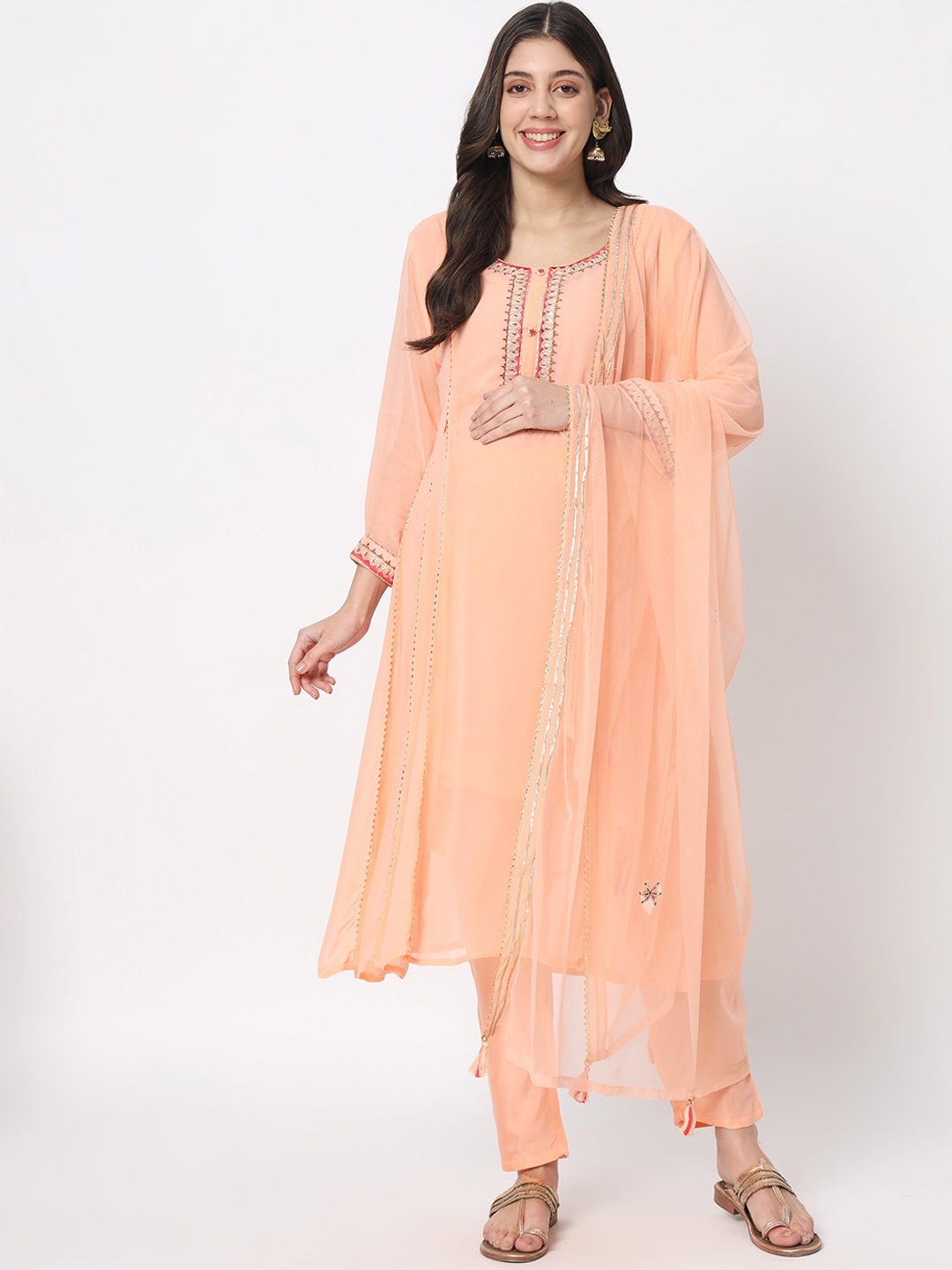 

mumzhug Floral Embroidered Round Neck Maternity Kurta with Trousers & Dupatta, Peach