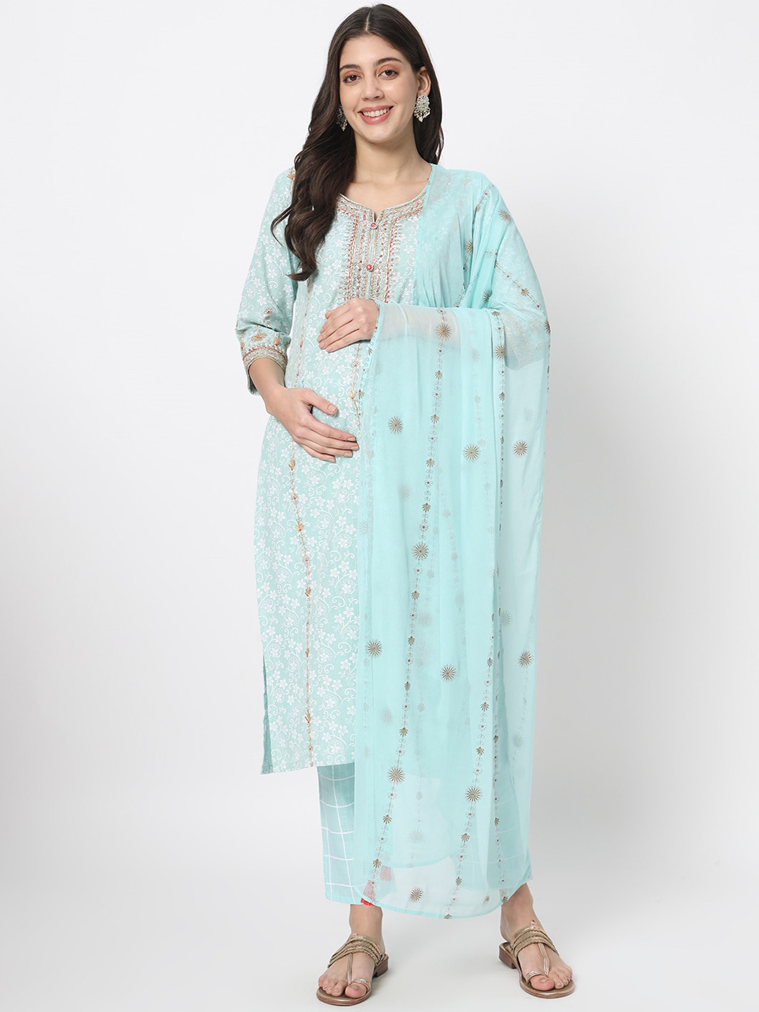 

mumzhug Floral Regular Thread Work Pure Cotton Kurta with Trousers & Dupatta, Turquoise blue