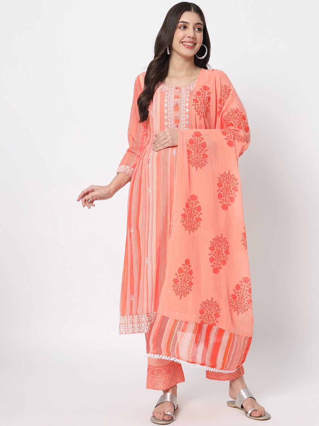 

mumzhug Ethnic Motifs Regular Mirror Work Pure Cotton Kurta with Palazzos & Dupatta, Peach