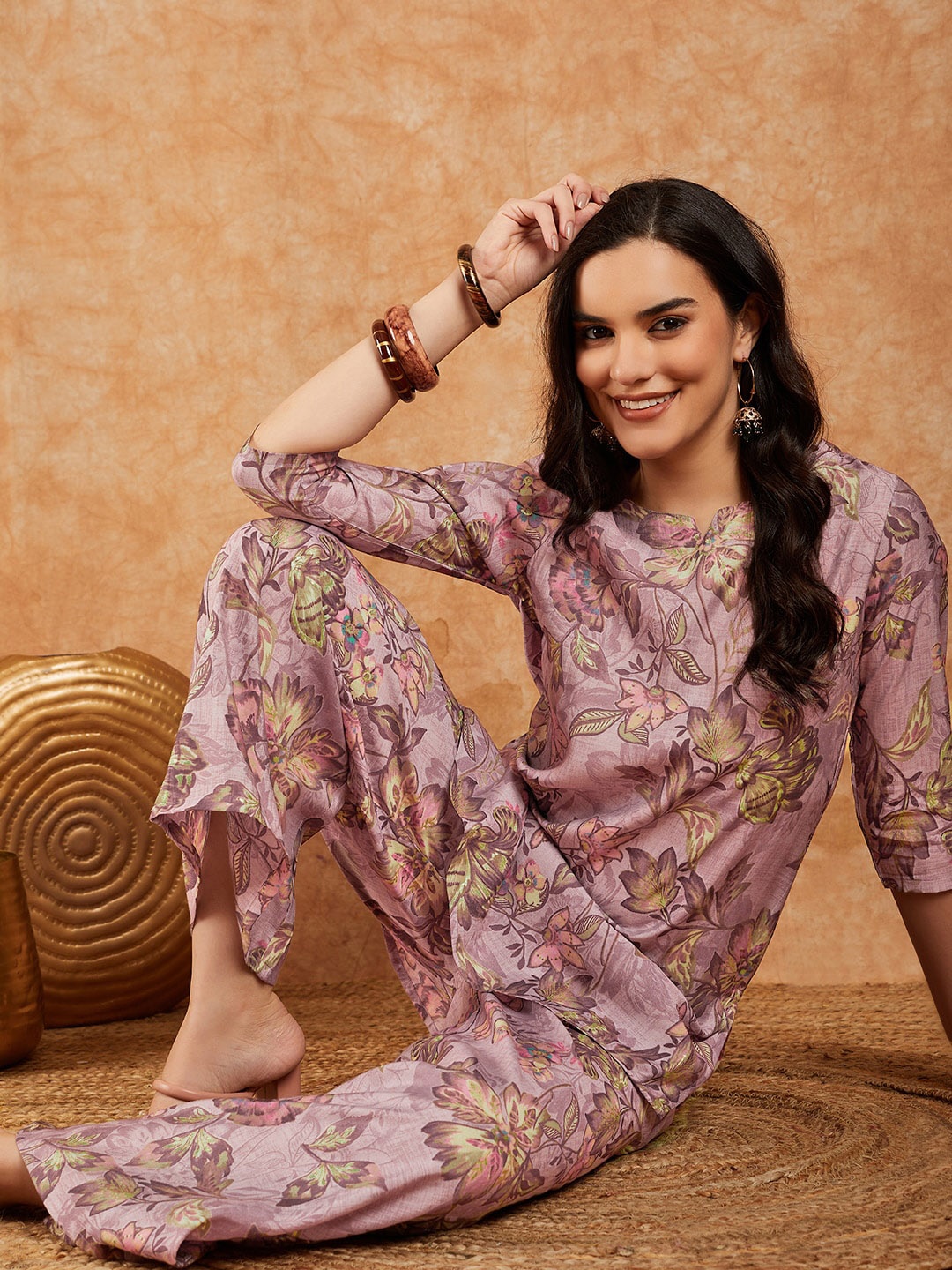 

Sangria Printed A-Line Kurti With Palazzo Set, Pink