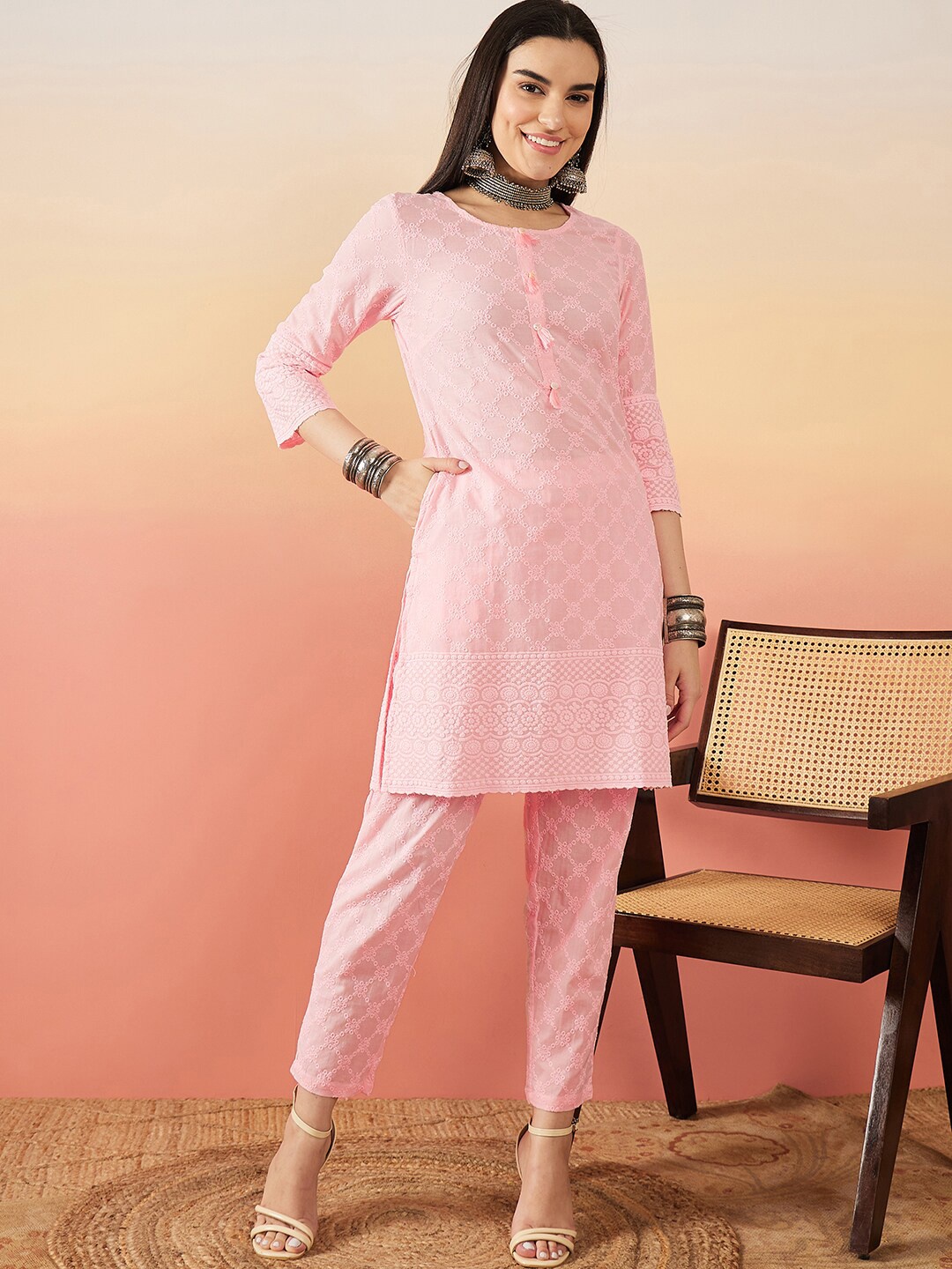 

Sangria Pink Floral Embroidered Pure Cotton Straight Kurta With Trousers