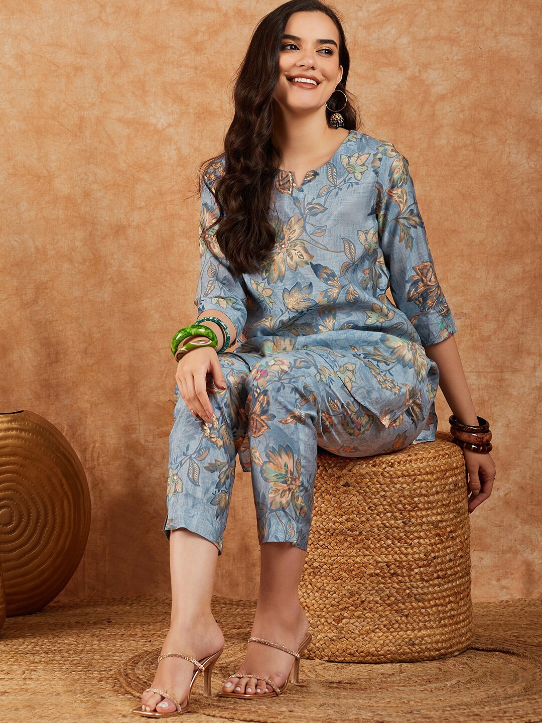 

Sangria Printed A-Line Kurti With Trouser Set, Blue