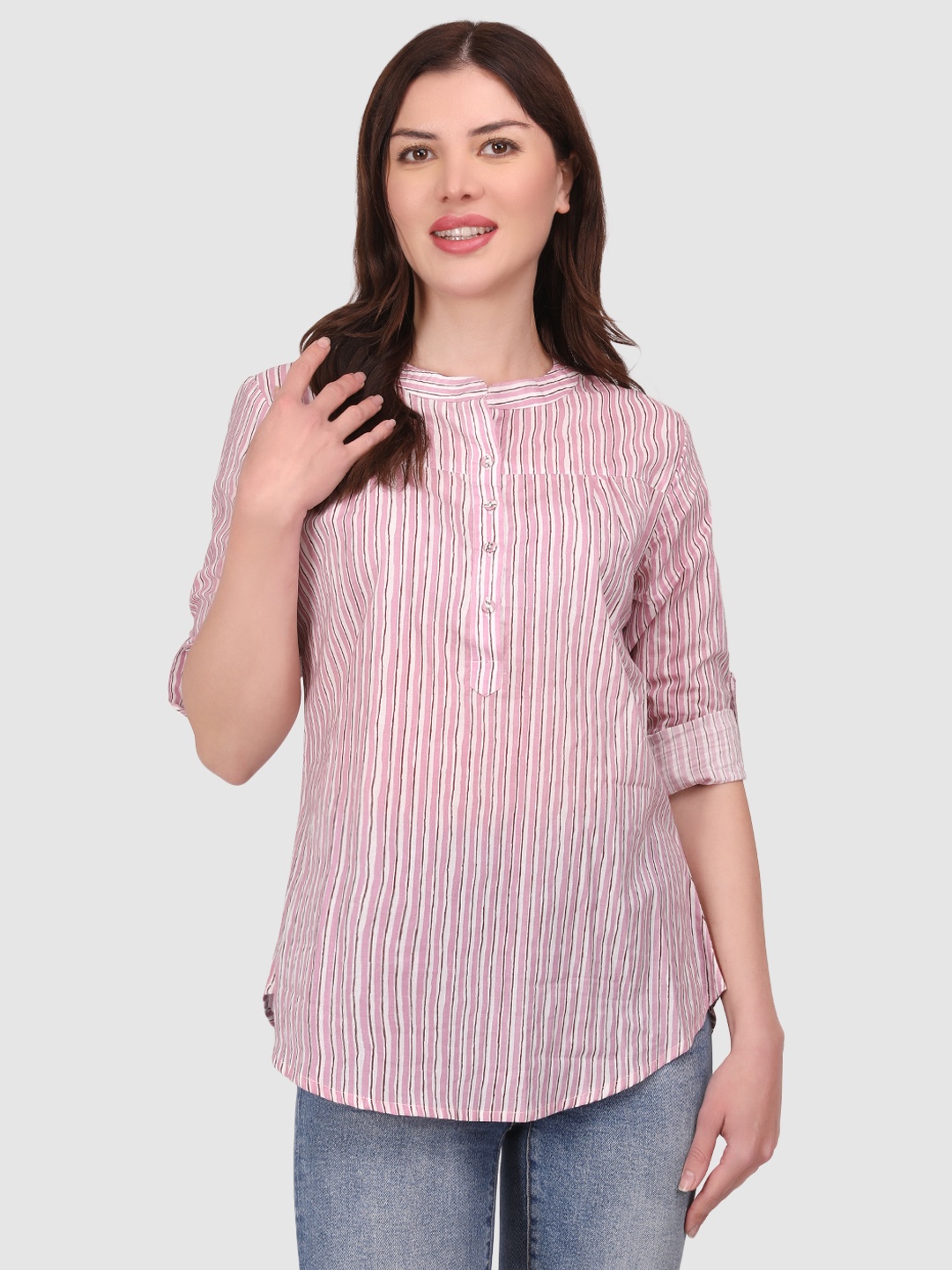 

BAESD Striped Mandarin Collar Roll-Up Sleeves Cotton Top, White