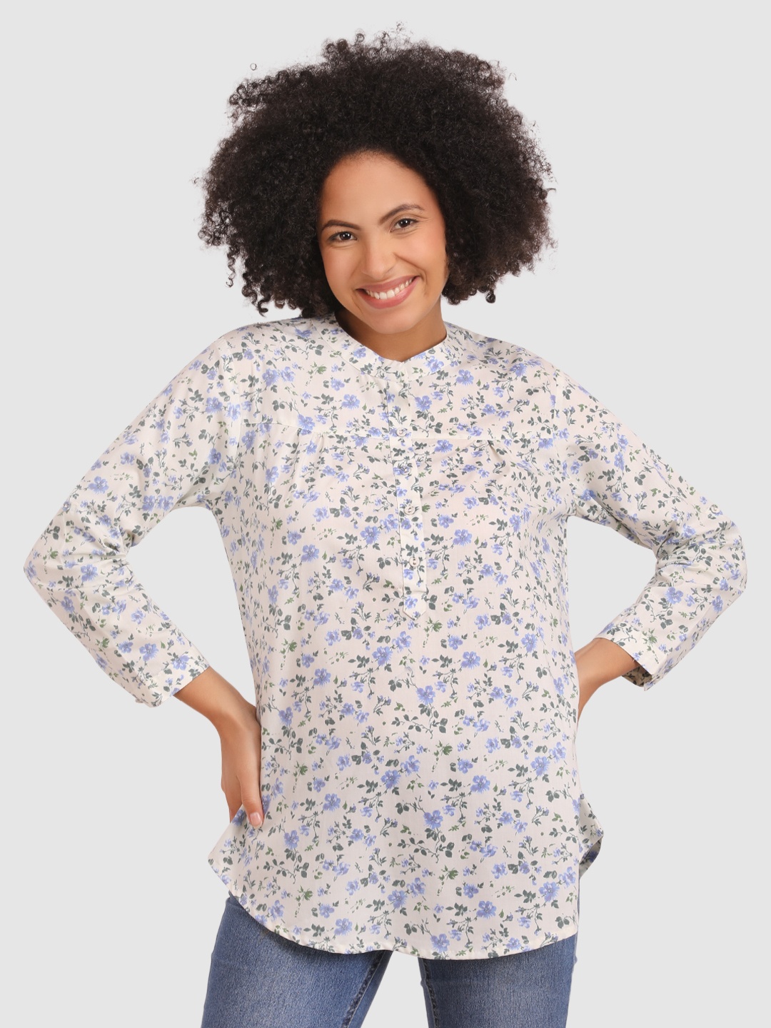 

BAESD Floral Printed Mandarin Collar Cotton Top, White