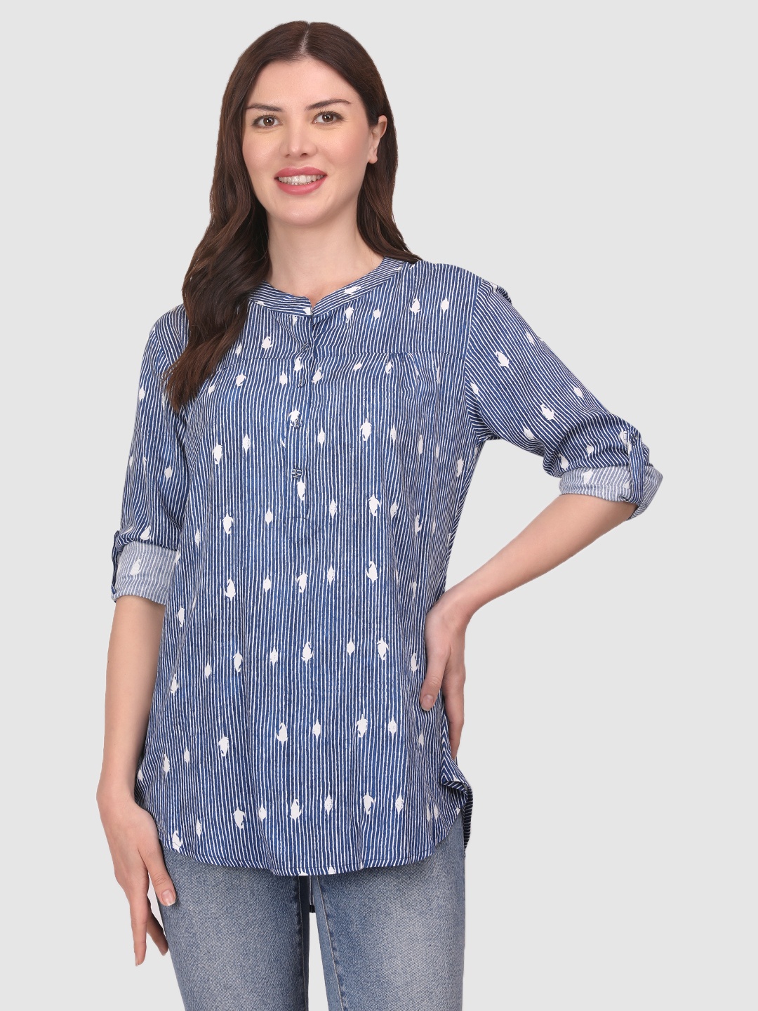 

BAESD Vertical Stripes Print Mandarin Collar Roll-Up Sleeves Cotton Shirt Style Top, Blue