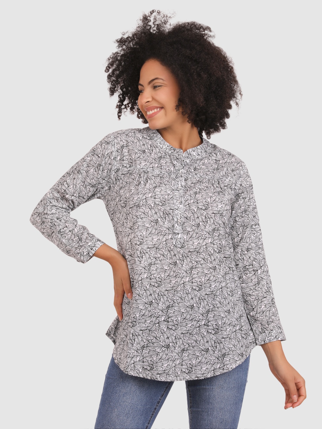 

BAESD Tropical Print Mandarin Collar Full Sleeves Regular Top, White