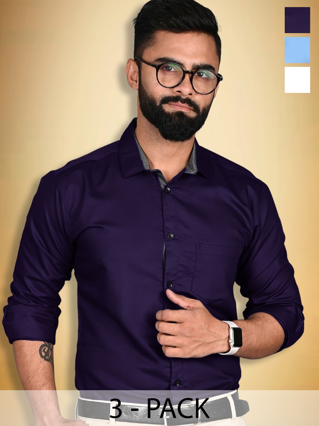 

Ethnic basket Pack Of 3 Spread Collar Casual Pure Cotton Shirts, Blue