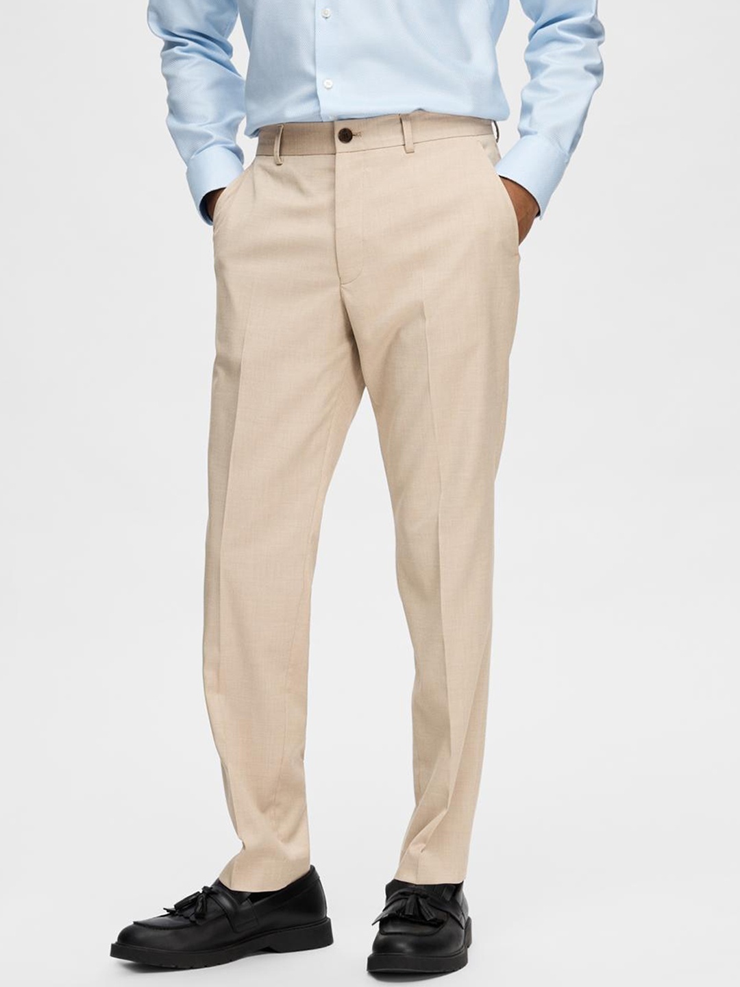 

SELECTED Men Slim Fit Mid-Rise Formal Trousers, Beige