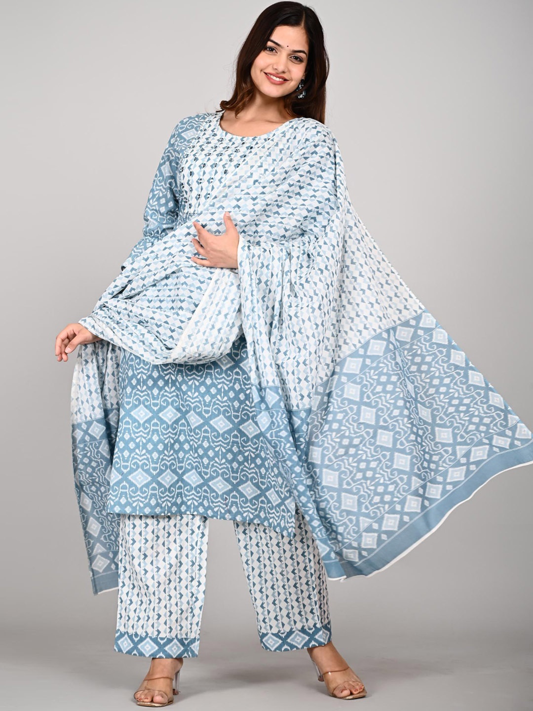 

Lovista Ethnic Motifs Printed Regular Pure Cotton Kurta With Trouser & Dupatta, Turquoise blue