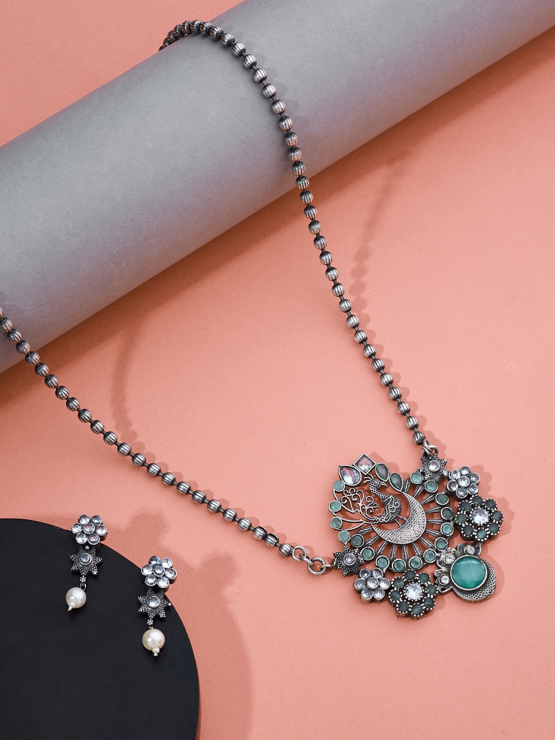 

ATIBELLE German Silver-Plated Stone Studded Floral Shaped Jewellery Set