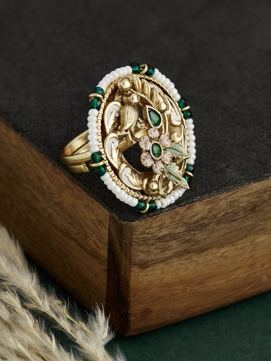 

ATIBELLE Gold-Plated Kundan Studded & Beaded Finger Ring