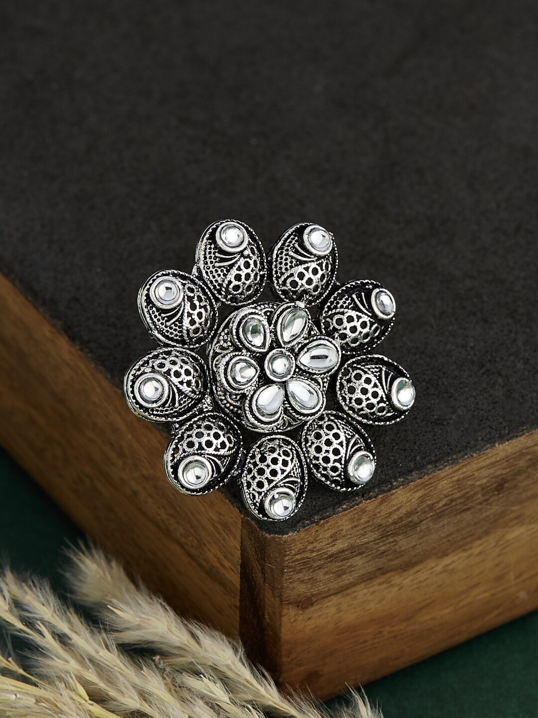 

ATIBELLE German Silver-Plated Stones-Studded Floral Finger Ring