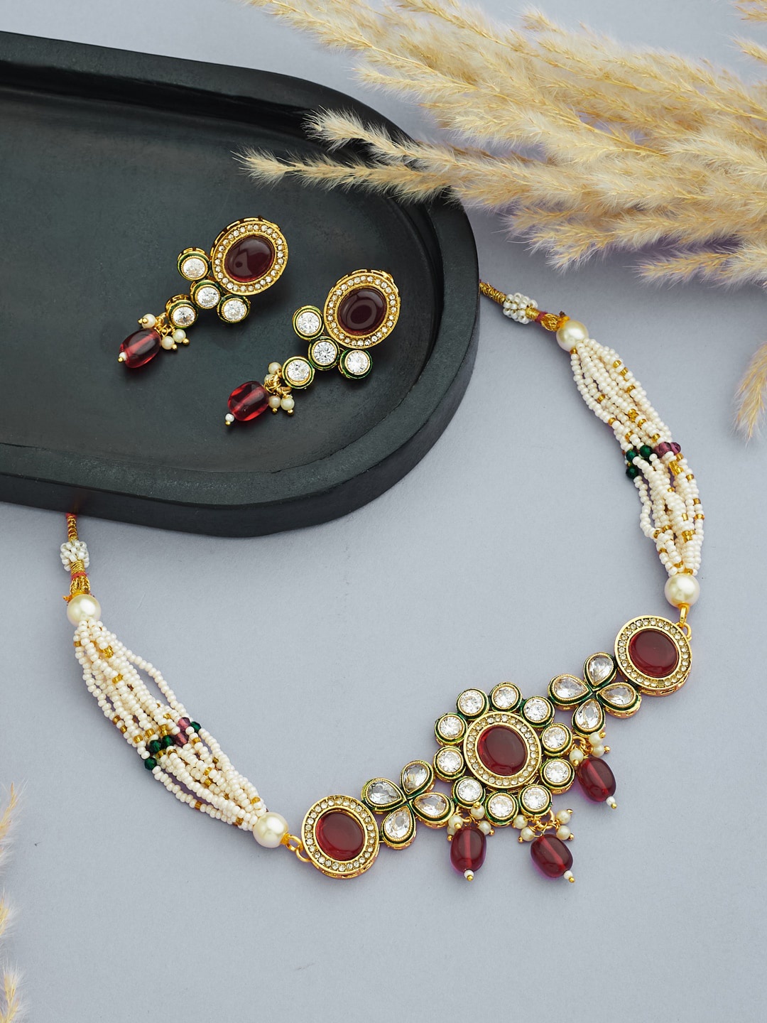 

ATIBELLE Gold-Plated Kundan-Studded & Beaded Jewellery Set