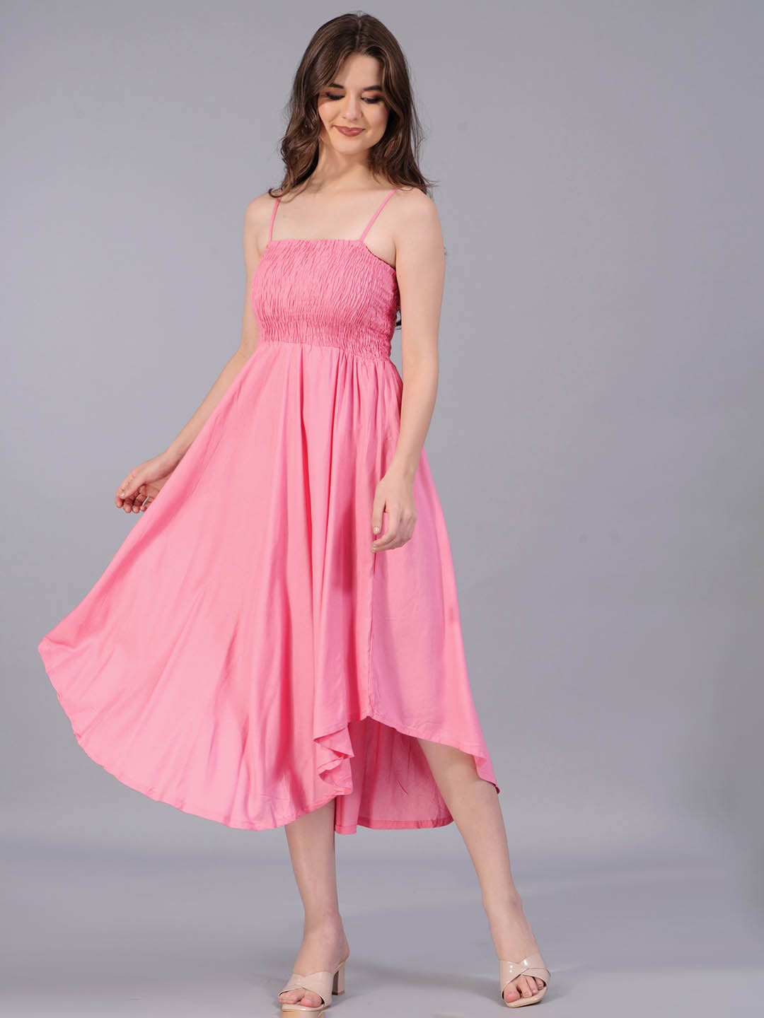 

Fusion Threads Smocked Fit & Flare Midi Dress, Pink