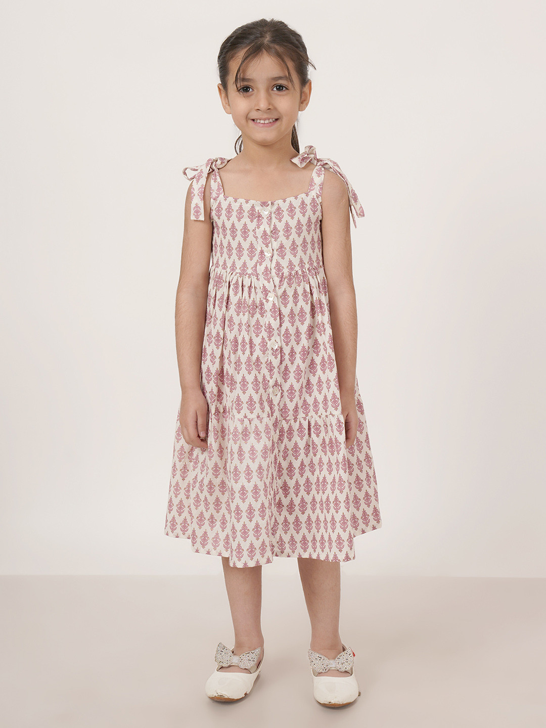 

FABRIC FITOOR Girls Floral Printed Shoulder Straps Cotton A-Line Midi Dress, Cream