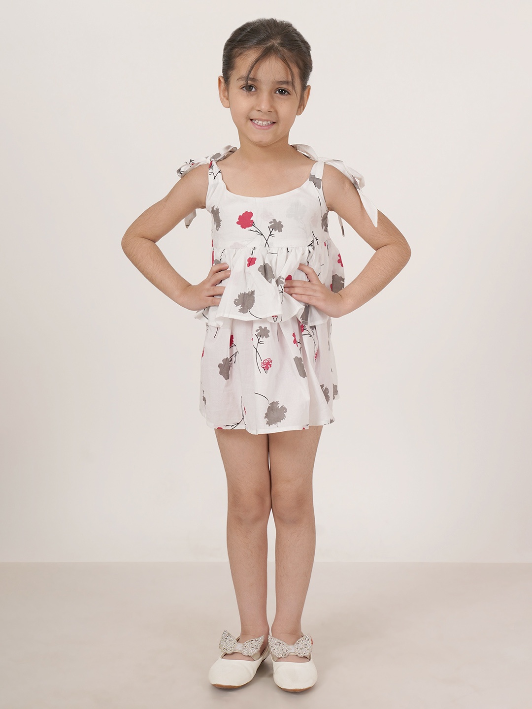 

FABRIC FITOOR Girls Floral Printed Shoulder Straps Cotton A-Line Mini Dress, White