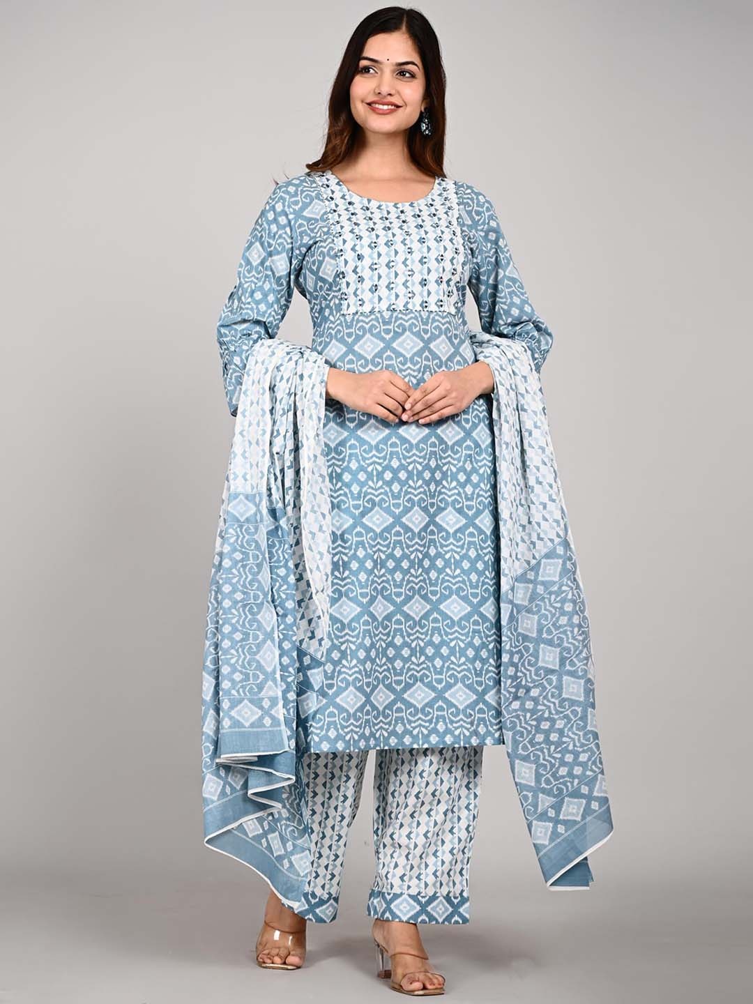 

FABISTA Printed Straight Pure Cotton Kurta With Trousers & Dupatta, Turquoise blue