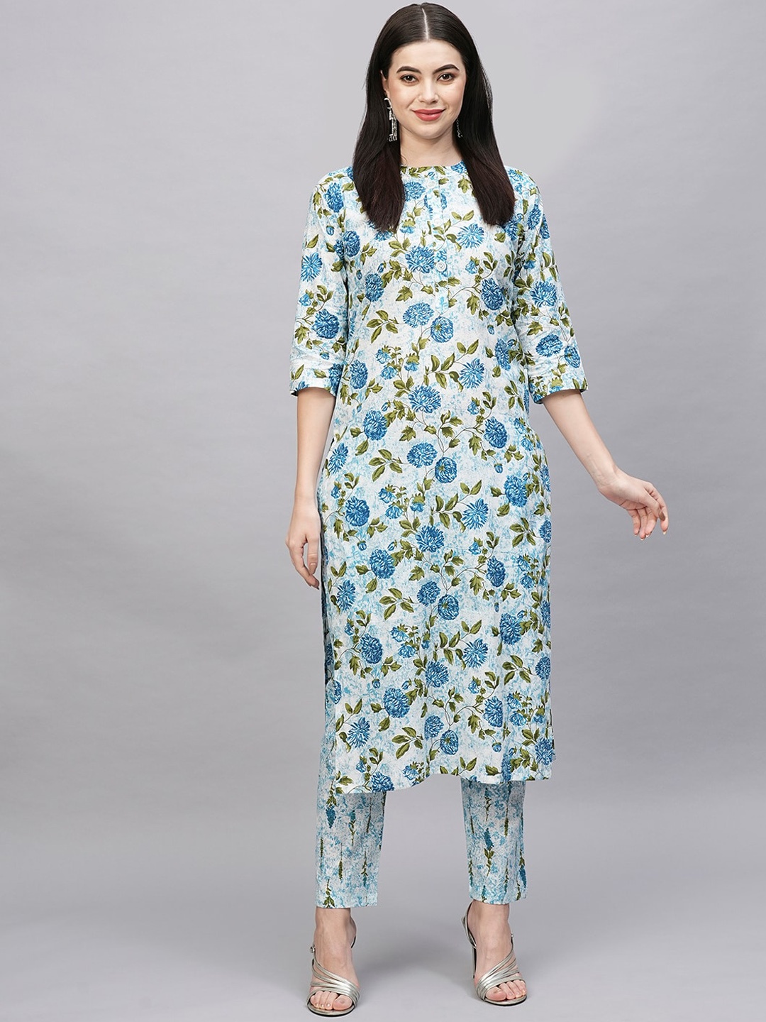 

KALINI Floral Printed Band Collar Straight Kurta with Trousers, Blue