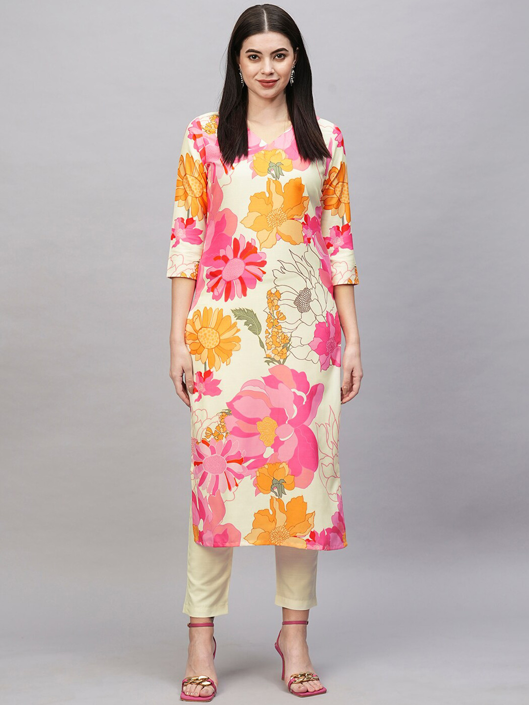 

KALINI Floral Printed Straight Kurta with Trousers, White