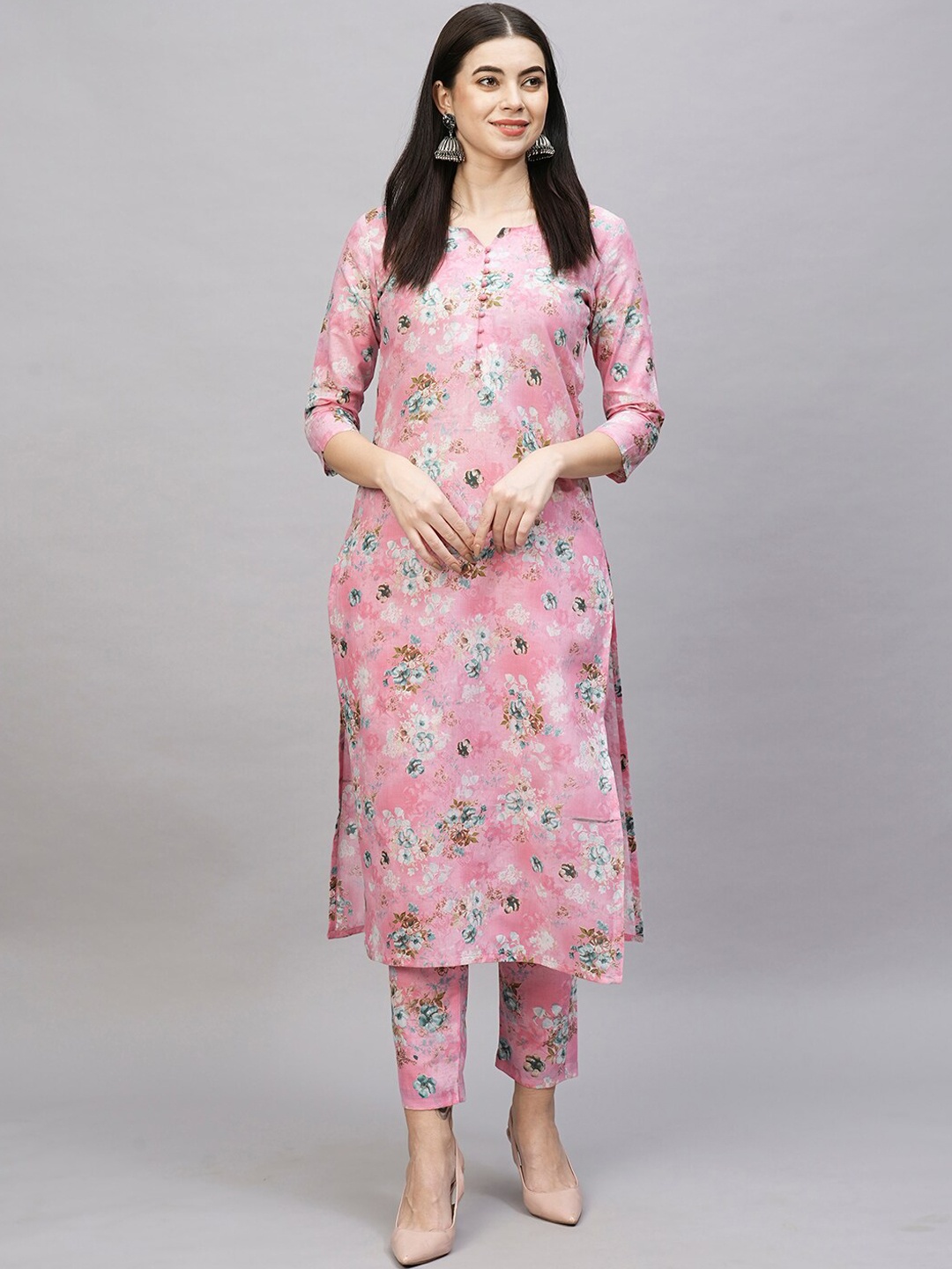 

KALINI Floral Printed Notch Neck Straight Kurta with Trousers, Pink