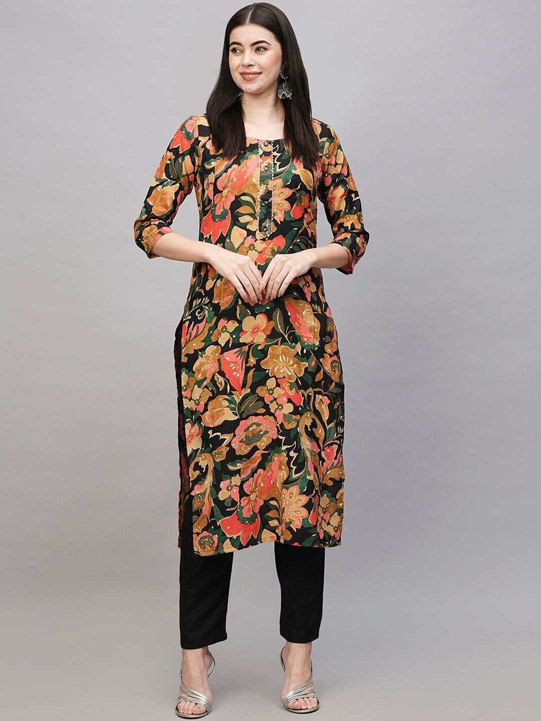

KALINI Women Floral Printed Regular Gotta Patti Kurta With Trousers, Black