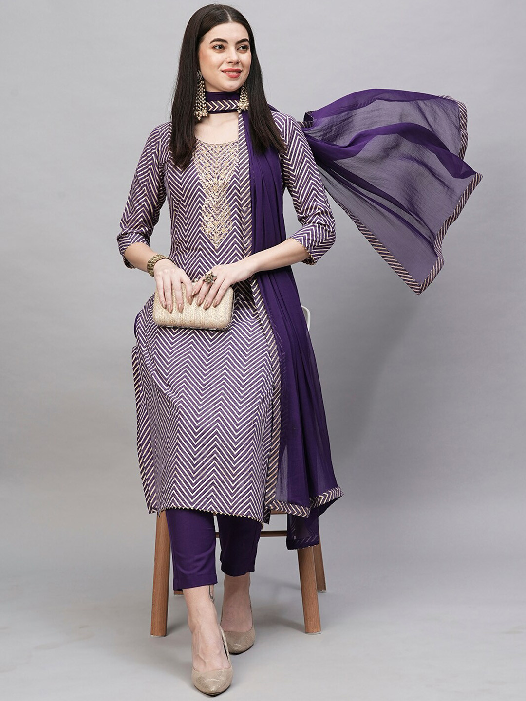 

KALINI Ethnic Motifs Embroidered Regular Kurta with Trousers & With Dupatta, Purple
