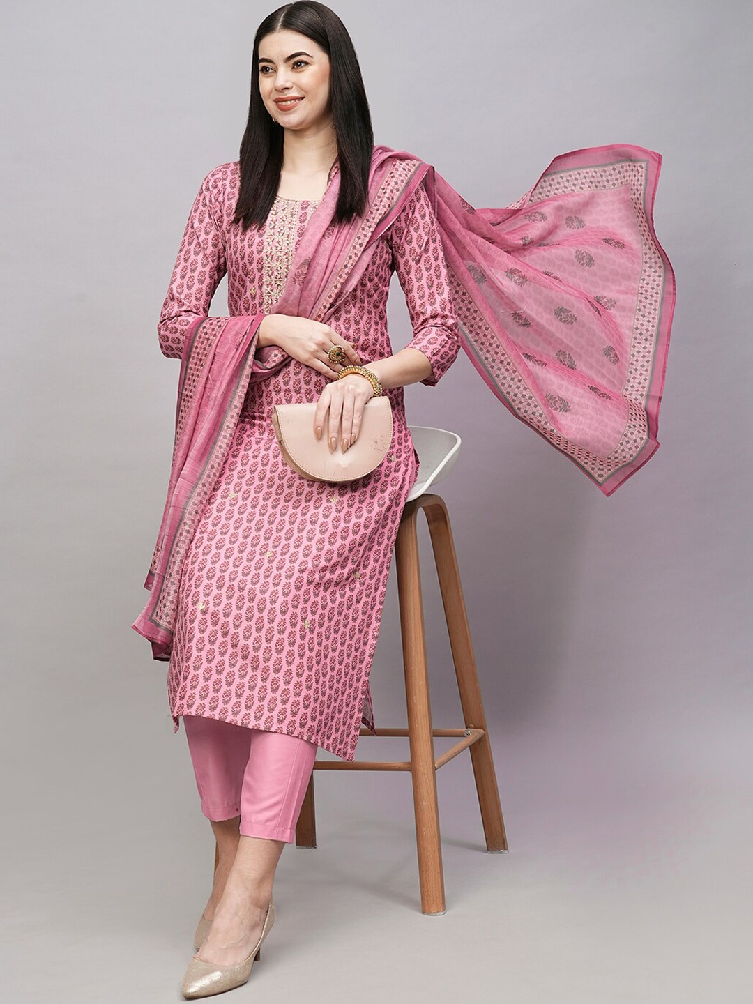 

KALINI Floral Embroidered Regular Thread Work Kurta With Trousers & Dupatta, Pink