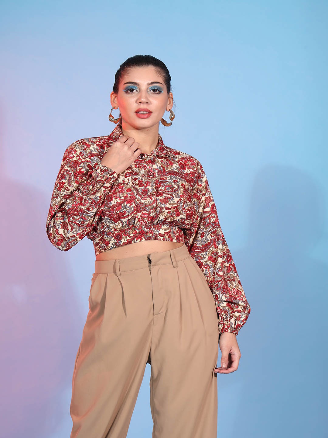 

SHUBHVASTRA Floral Print Shirt Collar Shirt Style Crop Top, Red