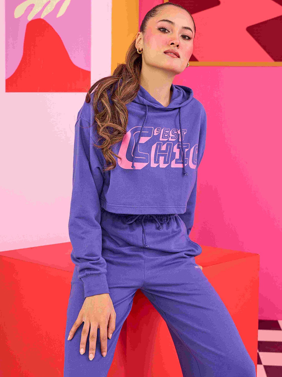 

THE CLOTHING FACTORY Typography Printed Oversized Cropped Sweatshirt, Purple