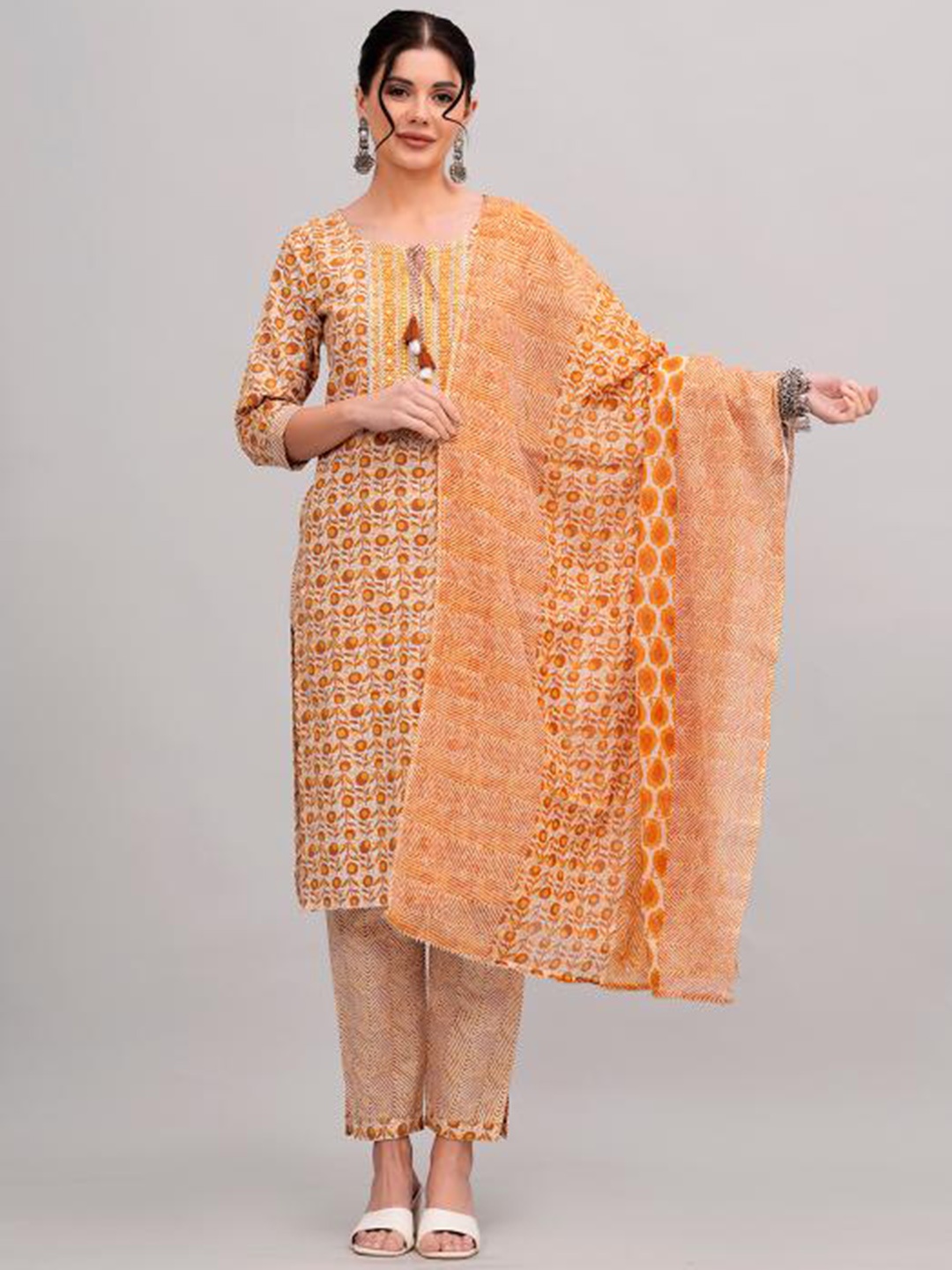 

JC4U Floral Printed Thread Work Pure Cotton Straight Kurta with Trousers & Dupatta, Mustard