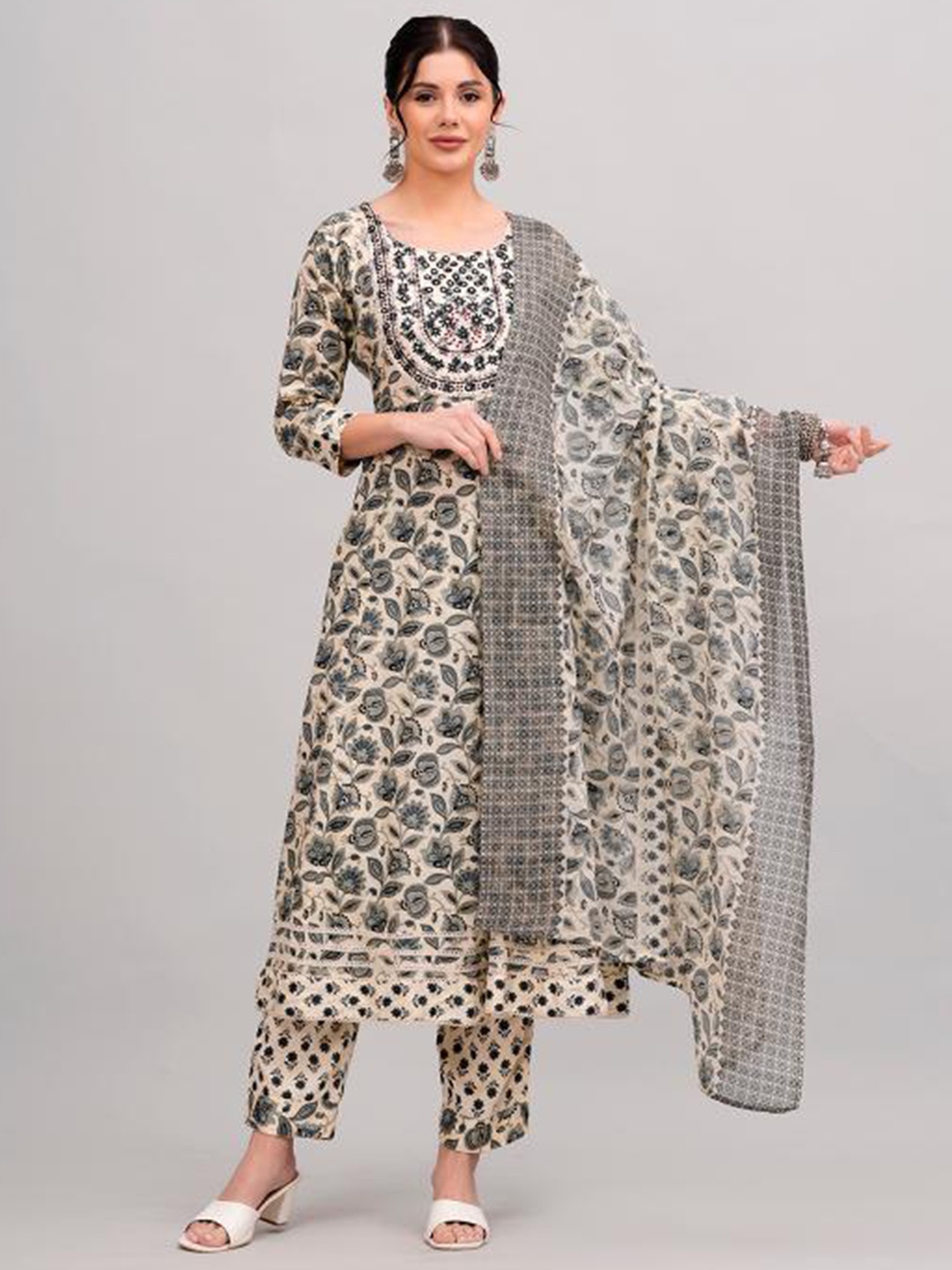 

JC4U Floral Printed Regular Mirror Work Anarkali Kurta with Trousers & Dupatta, Grey