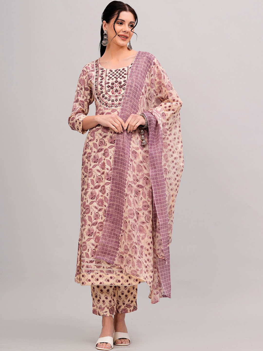 

JC4U Floral Printed Round Neck Mirror Work Flared Kurta with Trousers & Dupatta, Purple