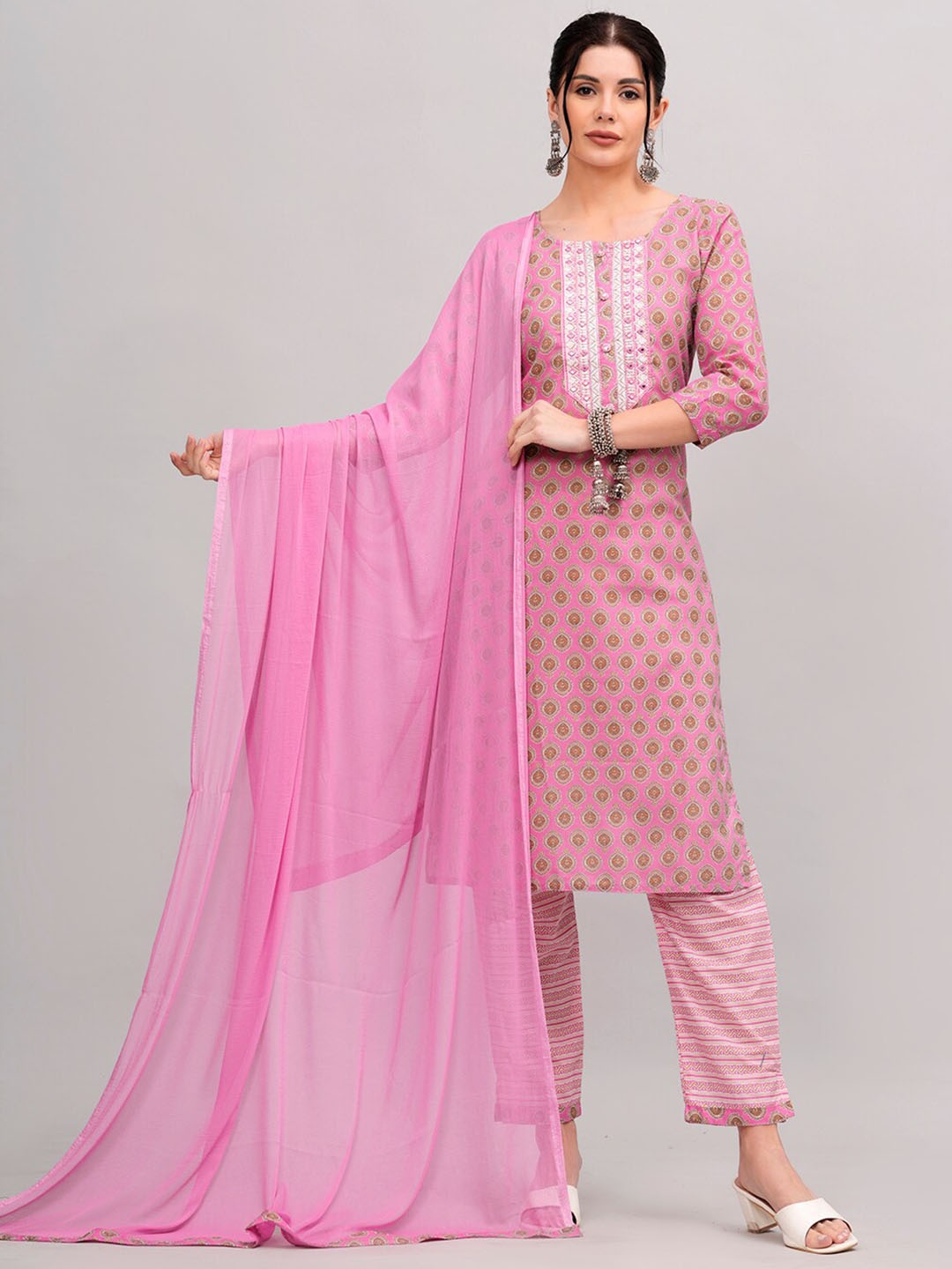 

JC4U Floral Printed Regular Thread Work Pure Cotton Kurta with Trousers & Dupatta, Pink