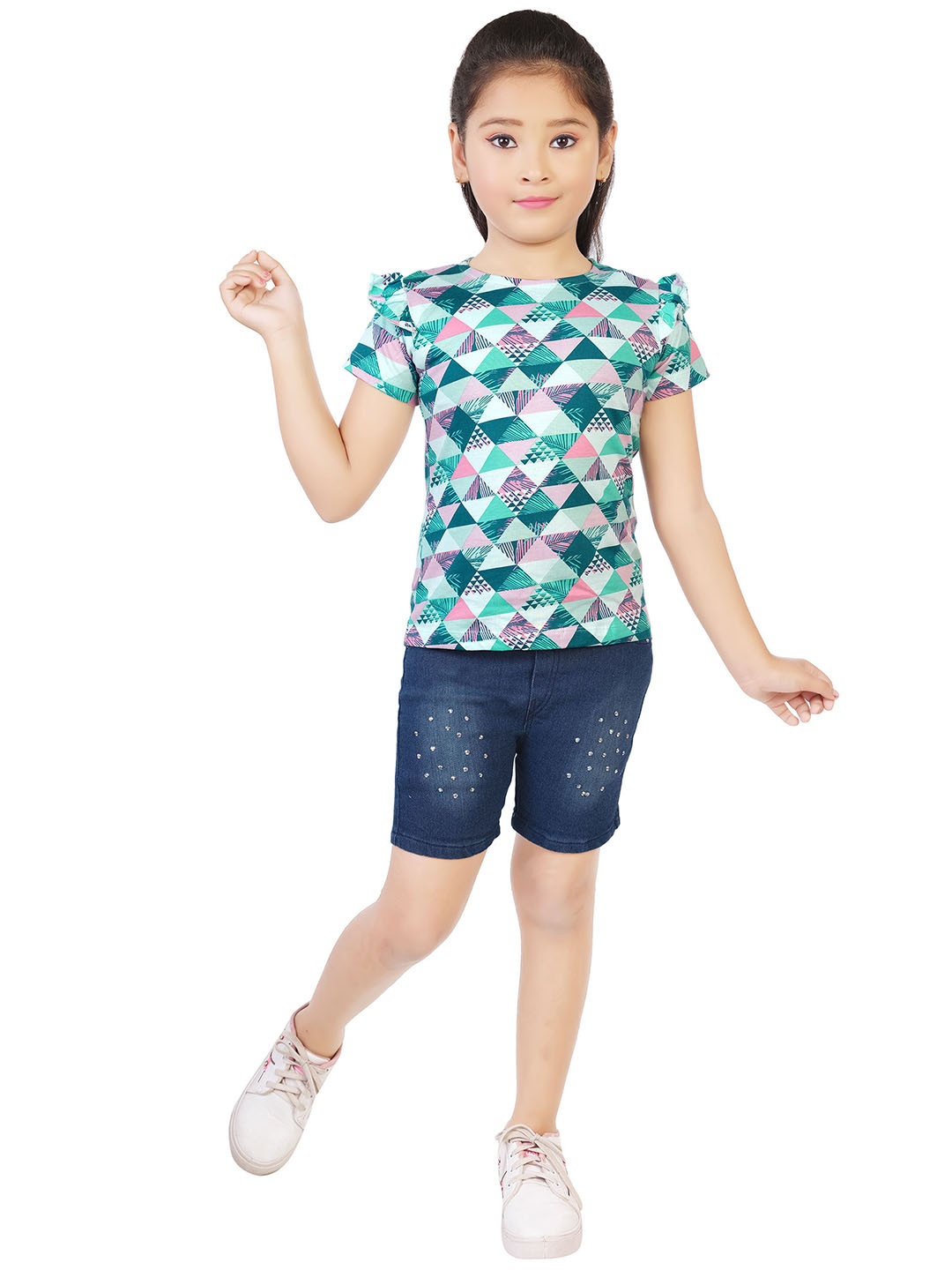 

CELEBRITY CLUB Girls Printed Top With Shorts, Sea green