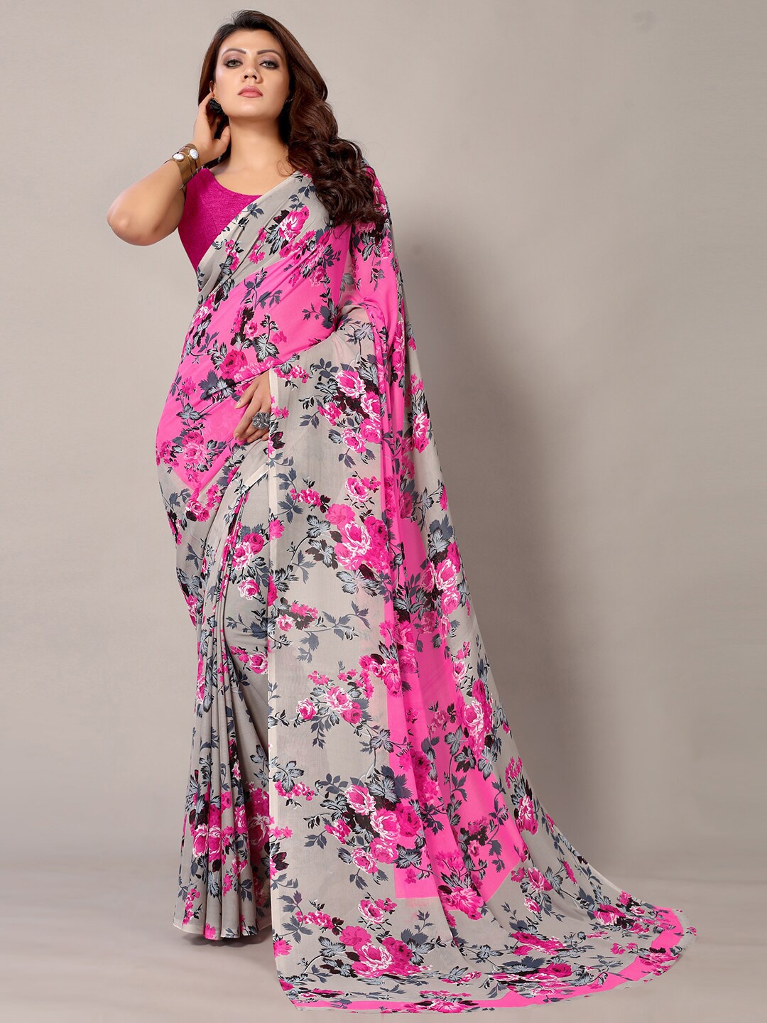 HRITIKA Floral Printed Saree, Pink