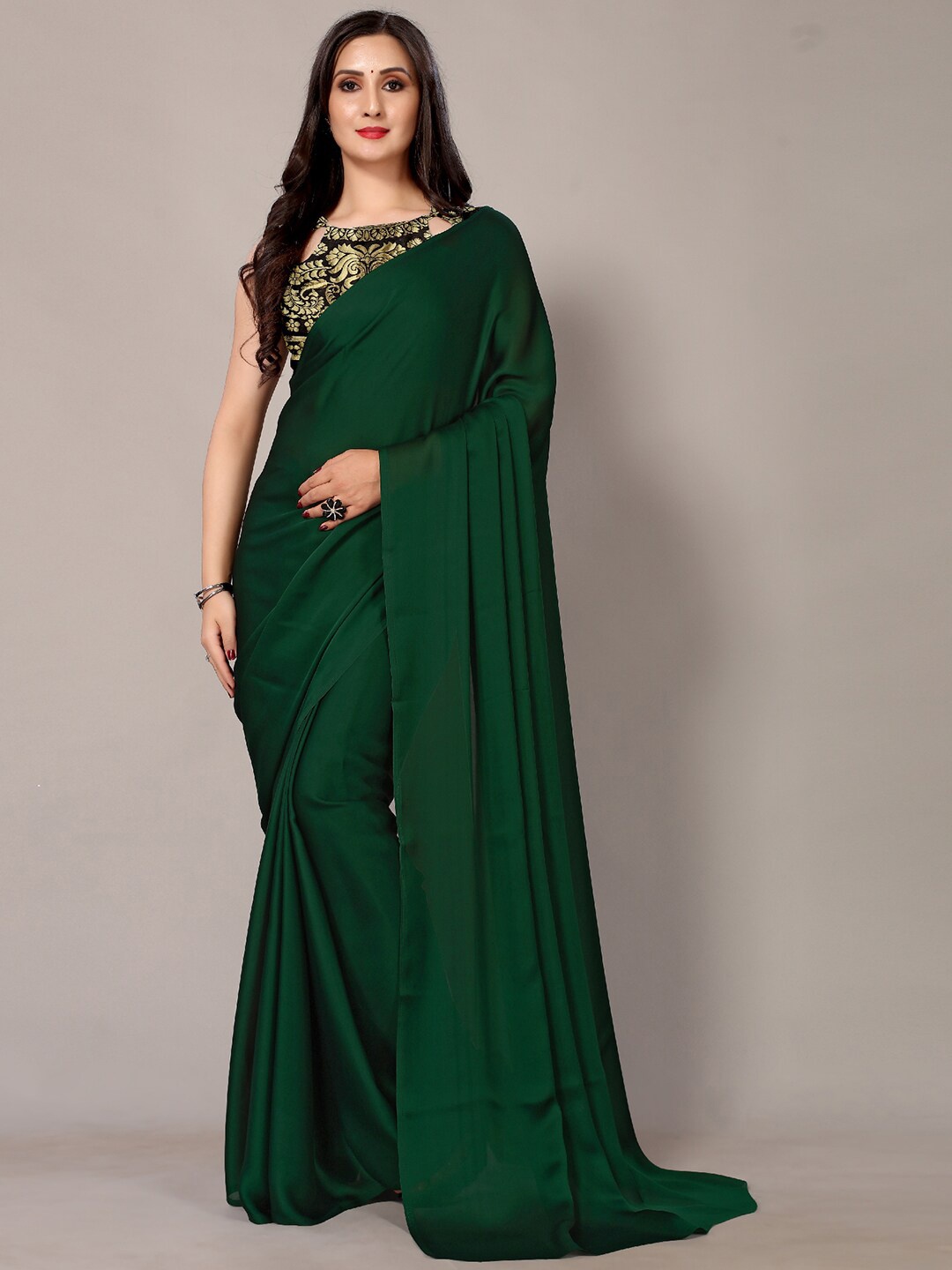 

HRITIKA Solid Satin Saree, Green