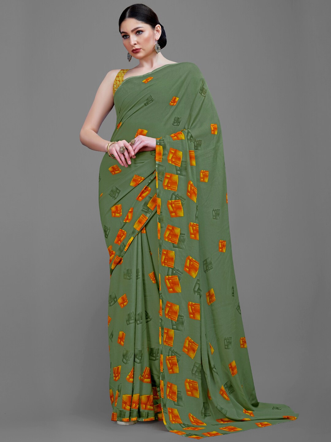 

HRITIKA Geometric Printed Saree, Green