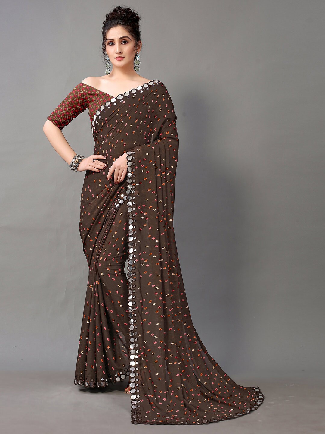 

HRITIKA Ethnic Motif Printed Mirror Work Saree, Brown