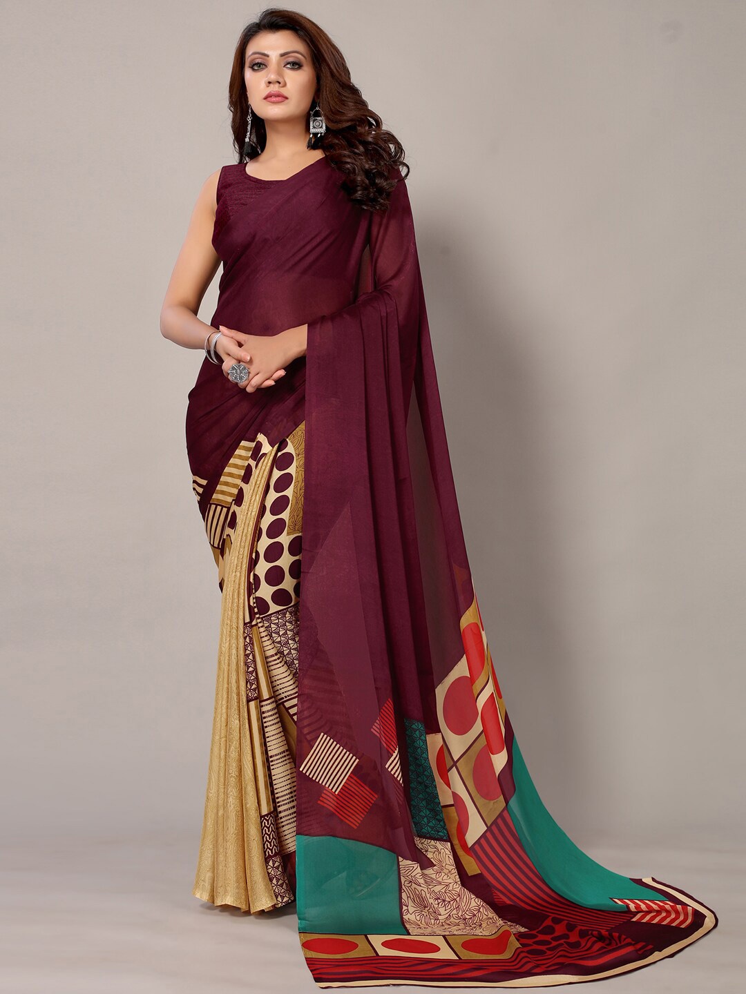 

HRITIKA Abstract Printed Satin Half and Half Saree, Brown