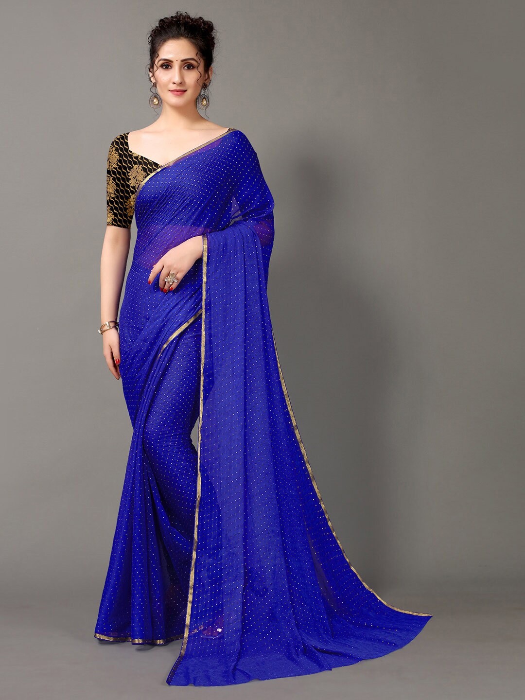 

HRITIKA Foil Embellished Zari Pure Chiffon Saree, Blue