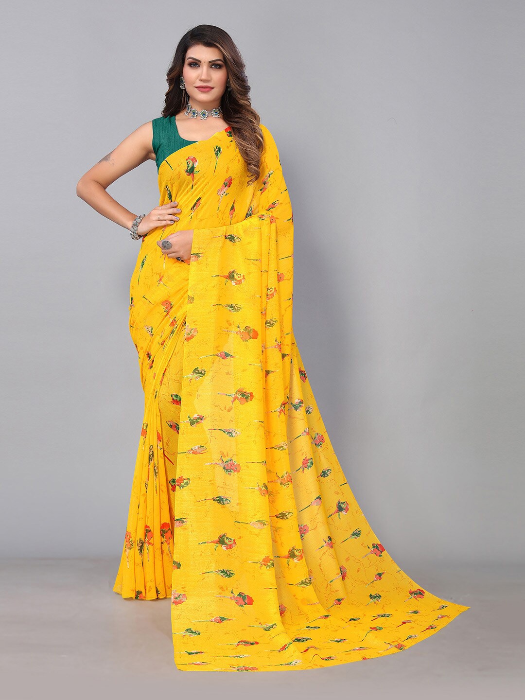 

HRITIKA Floral Printed Saree, Yellow