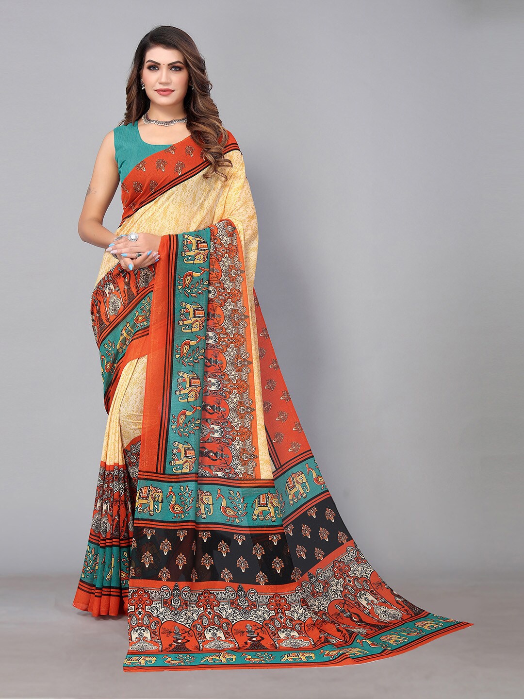 

HRITIKA Ethnic Motifs Printed Brasso Saree, Beige