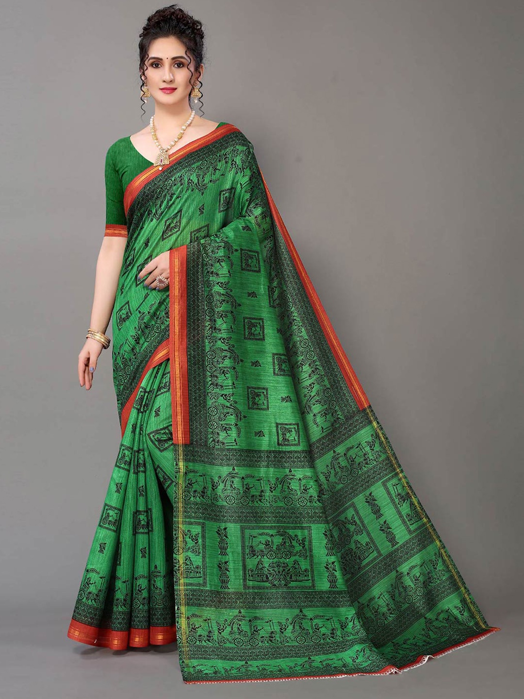 

HRITIKA Ethnic Motifs Printed Saree, Green