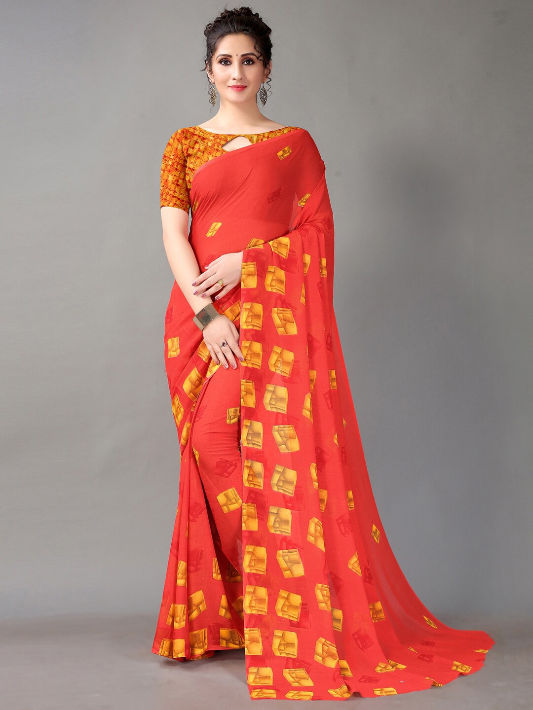 

HRITIKA Geometric Printed Saree, Red