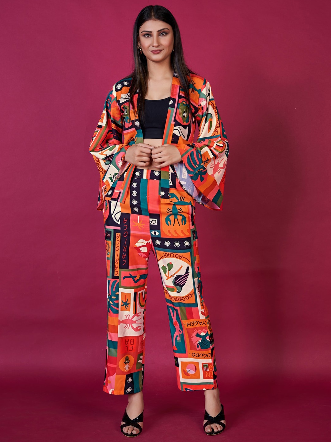 

Kandora Printed Front Open Satin Coat With Trouser, Orange